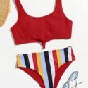 Vertical Striped Knot Bikini Swimsuit