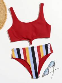 Vertical Striped Knot Bikini Swimsuit