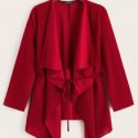 Waterfall Collar Asymmetrical Hem Belted Coat