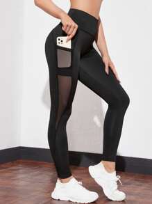 Wide Band Waist Contrast Mesh Sports Leggings