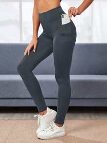 Wide Waistband Sports Leggings With Phone Pocket