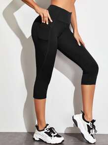 Wideband Waist Capris Sports Leggings With Phone Pocket