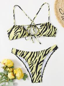 Zebra Stripe Crisscross Bikini Swimsuit