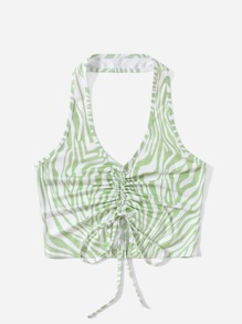 Zebra Stripe Drawstring Ruched Halter Top