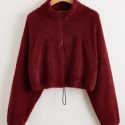 Zip Half Placket Drawstring Hem Teddy Pullover