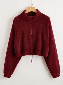 Zip Half Placket Drawstring Hem Teddy Pullover