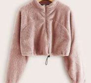 Zip Half Placket Drawstring Hem Teddy Pullover