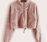 Zip Half Placket Drawstring Hem Teddy Pullover