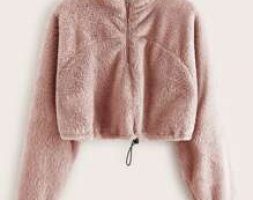 Zip Half Placket Drawstring Hem Teddy Pullover