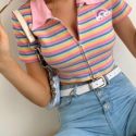 Zip Up Colorful Stripe Crop Tee