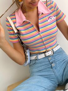 Zip Up Colorful Stripe Crop Tee