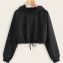 Zip-Up Drawstring Cropped Hoodie