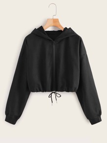 Zip-Up Drawstring Cropped Hoodie