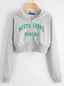 Zip Up Drop Shoulder Letter Graphic Crop Hoodie