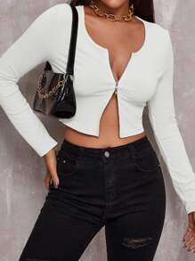 Zip Up Rib-knit Crop Top