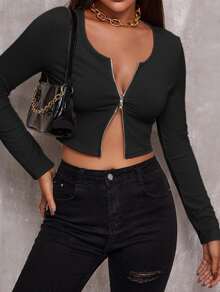 Zip Up Rib-knit Crop Top