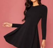 Zipper Back Solid Flare Dress