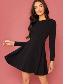 Zipper Back Solid Flare Dress