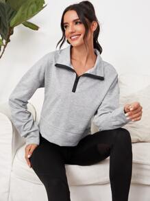 Zipper Front Drop Shoulder Crop Sports Sweatshirt